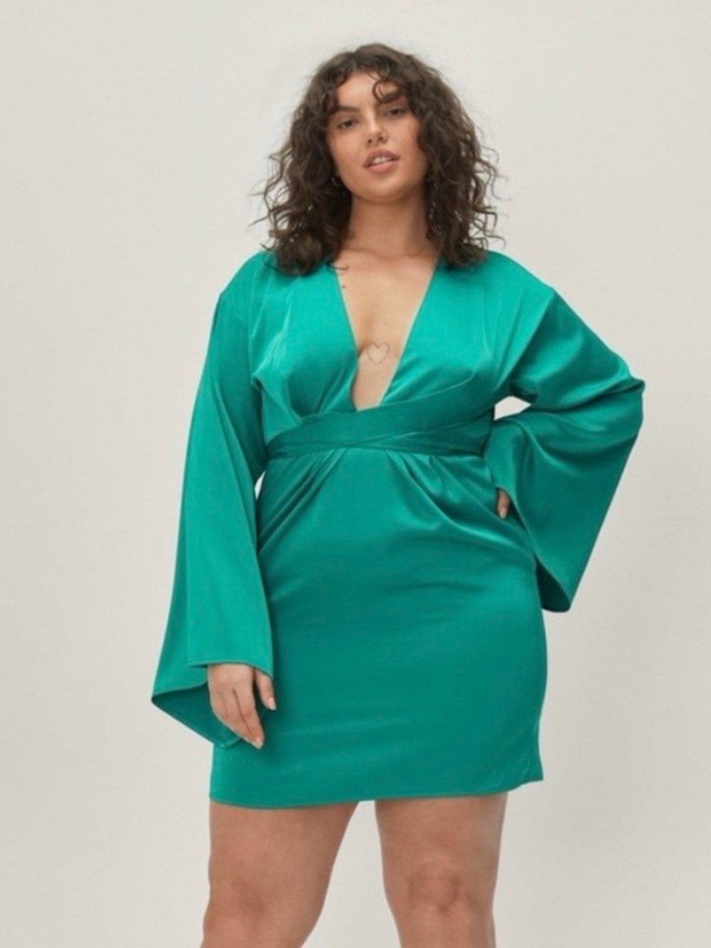 Nasty Gal Low Cut Green Satin Dress